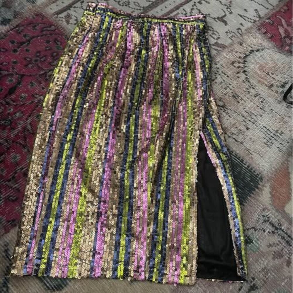 Anthropologie Multicolor Striped Sequin Midi Skirt with Side Slit
